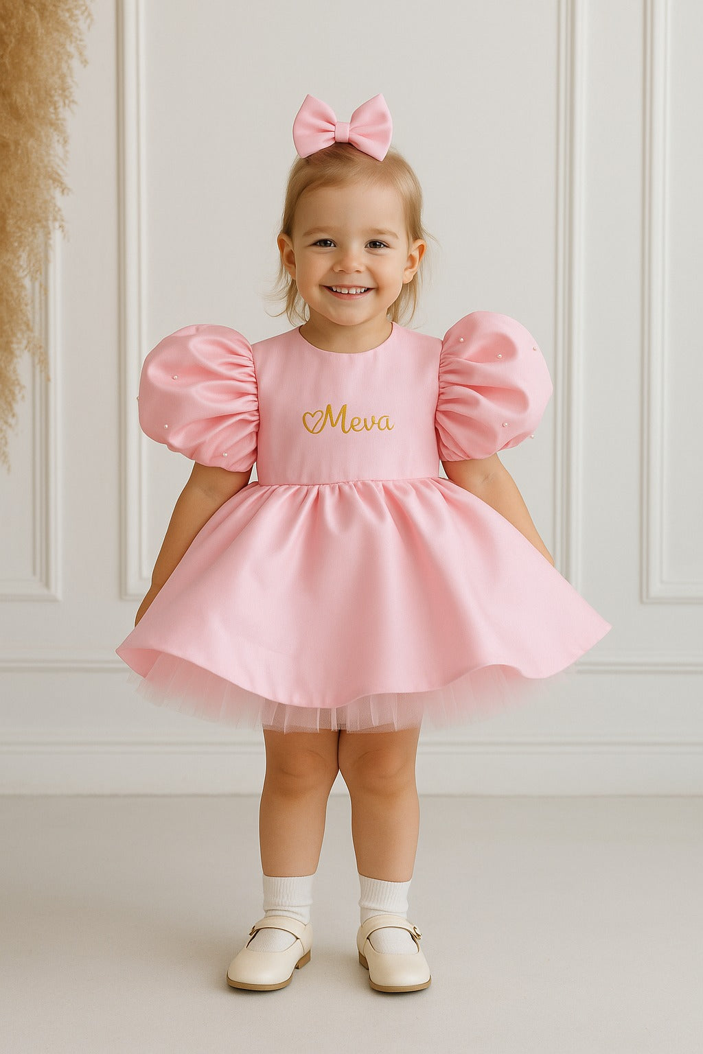 Personalized Pink Puff Sleeve Baby Girl Dress with Name Embroidery – Elegant Birthday & Party Outfit