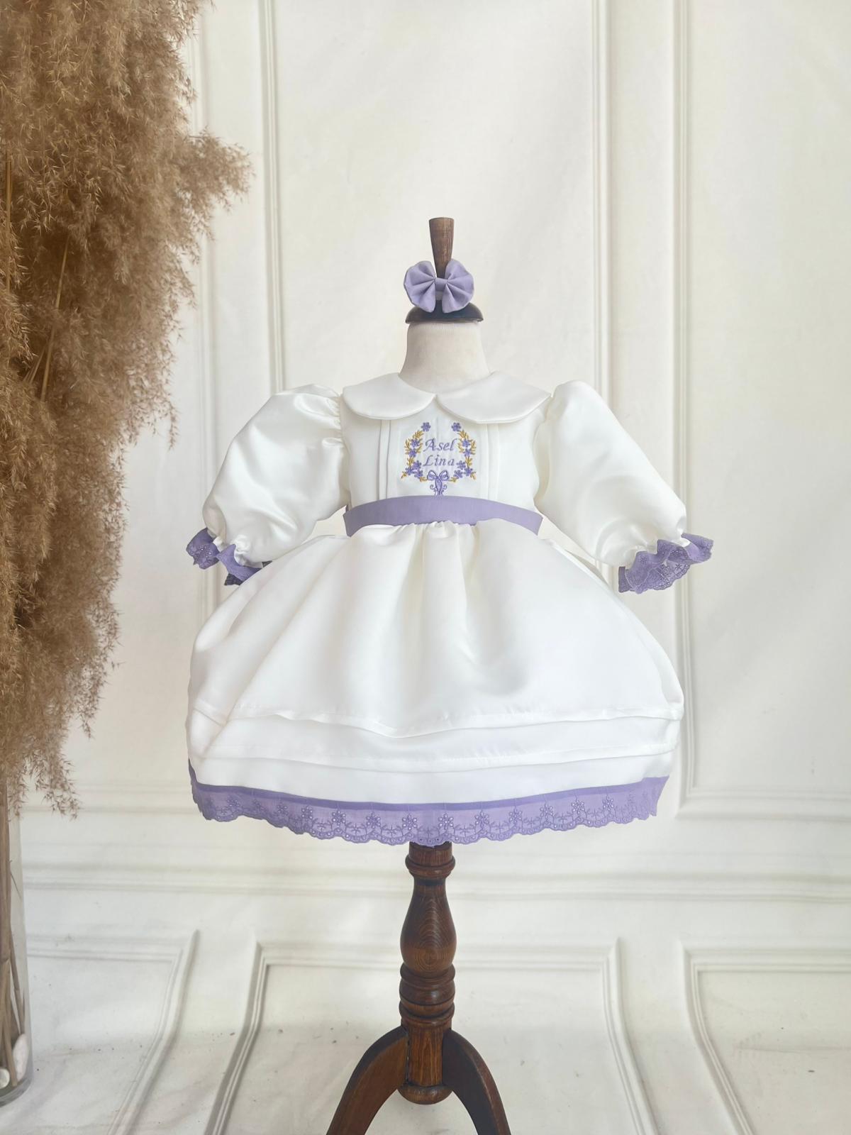 Elegant White Satin Baby Dress with Lilac Embroidery and Lace Trim | Personalized Baptism & Birthday Outfit
