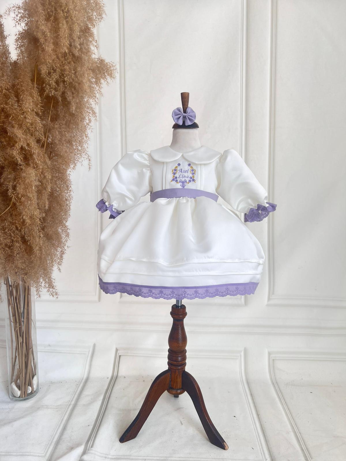 Elegant White Satin Baby Dress with Lilac Embroidery and Lace Trim | Personalized Baptism & Birthday Outfit