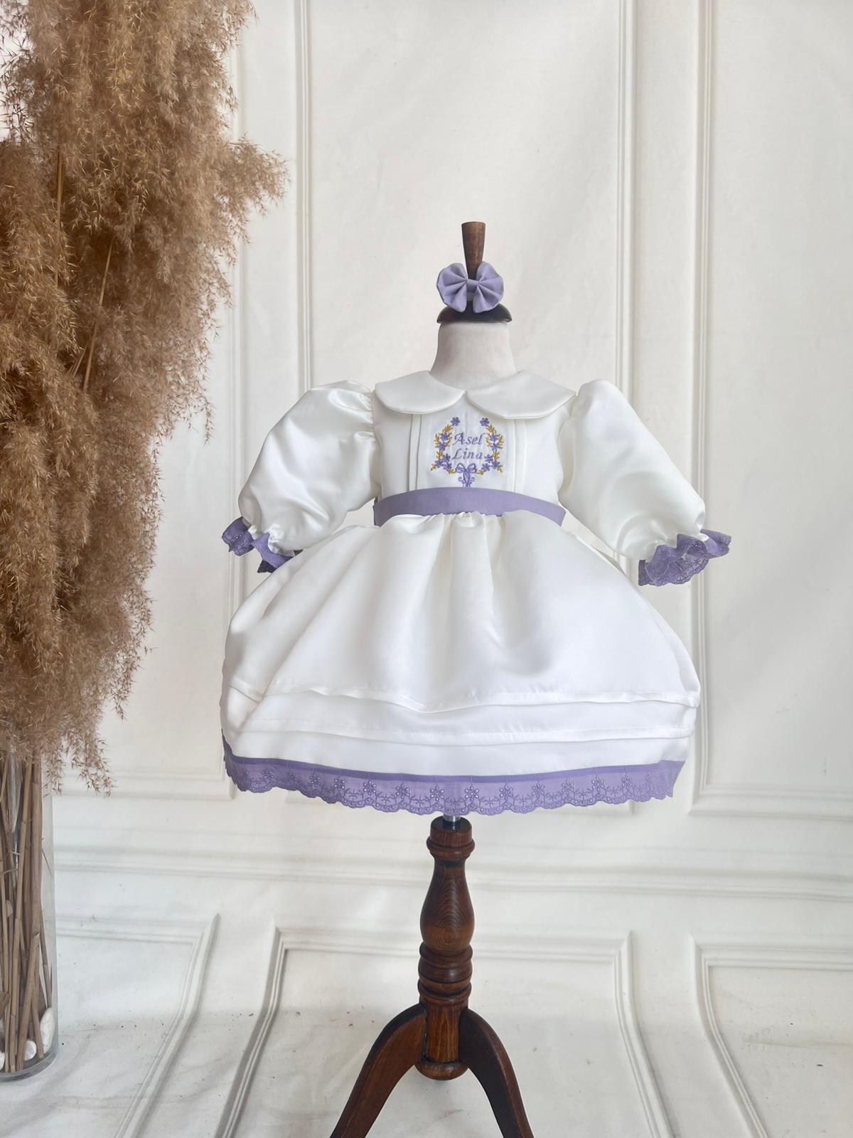 Elegant White Satin Baby Dress with Lilac Embroidery and Lace Trim | Personalized Baptism & Birthday Outfit