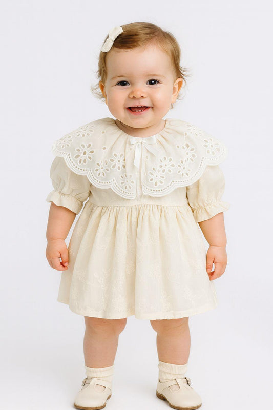 Baby Cream Embroidered Fabric Dress Set with Eyelet Collar