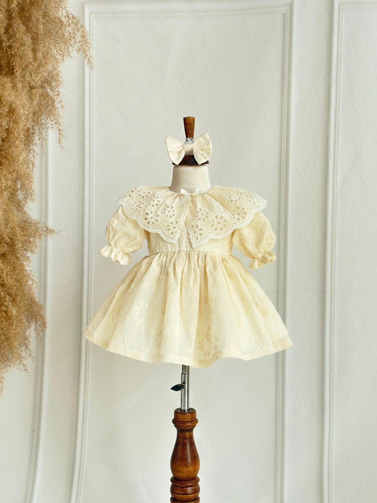 Baby Cream Embroidered Fabric Dress Set with Eyelet Collar