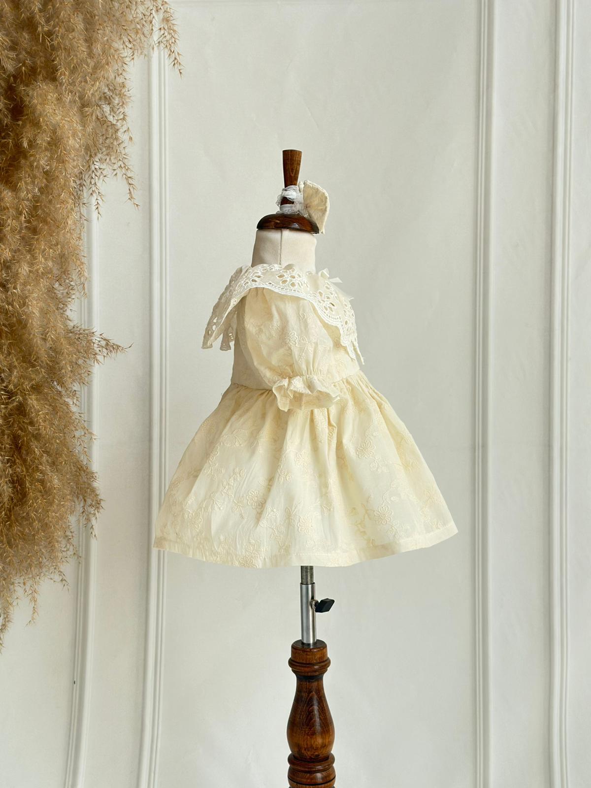 Baby Cream Embroidered Fabric Dress Set with Eyelet Collar
