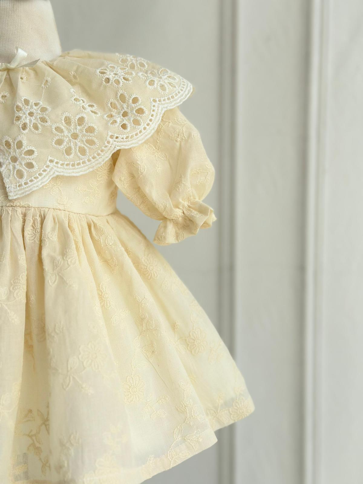 Baby Cream Embroidered Fabric Dress Set with Eyelet Collar