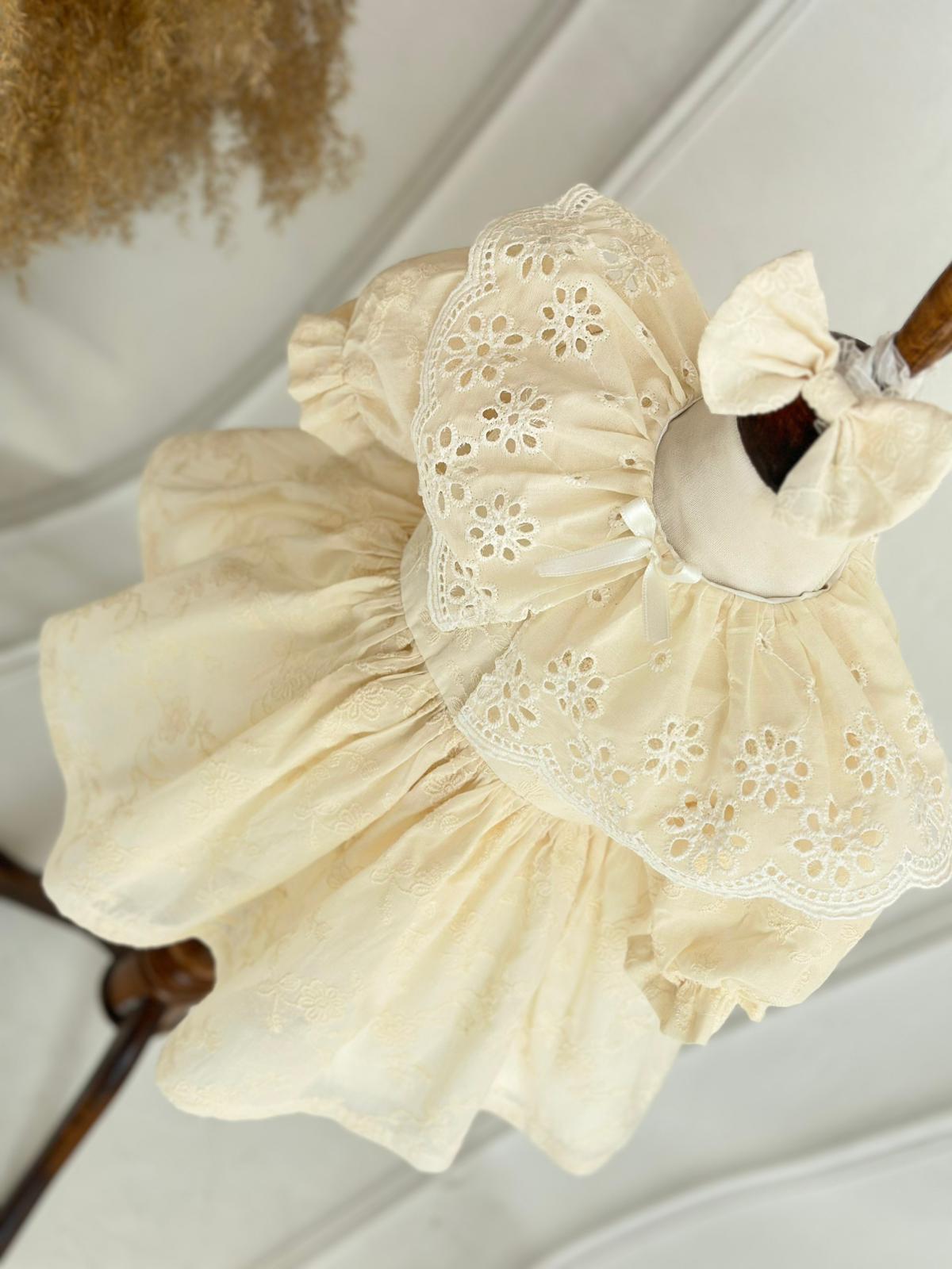 Baby Cream Embroidered Fabric Dress Set with Eyelet Collar