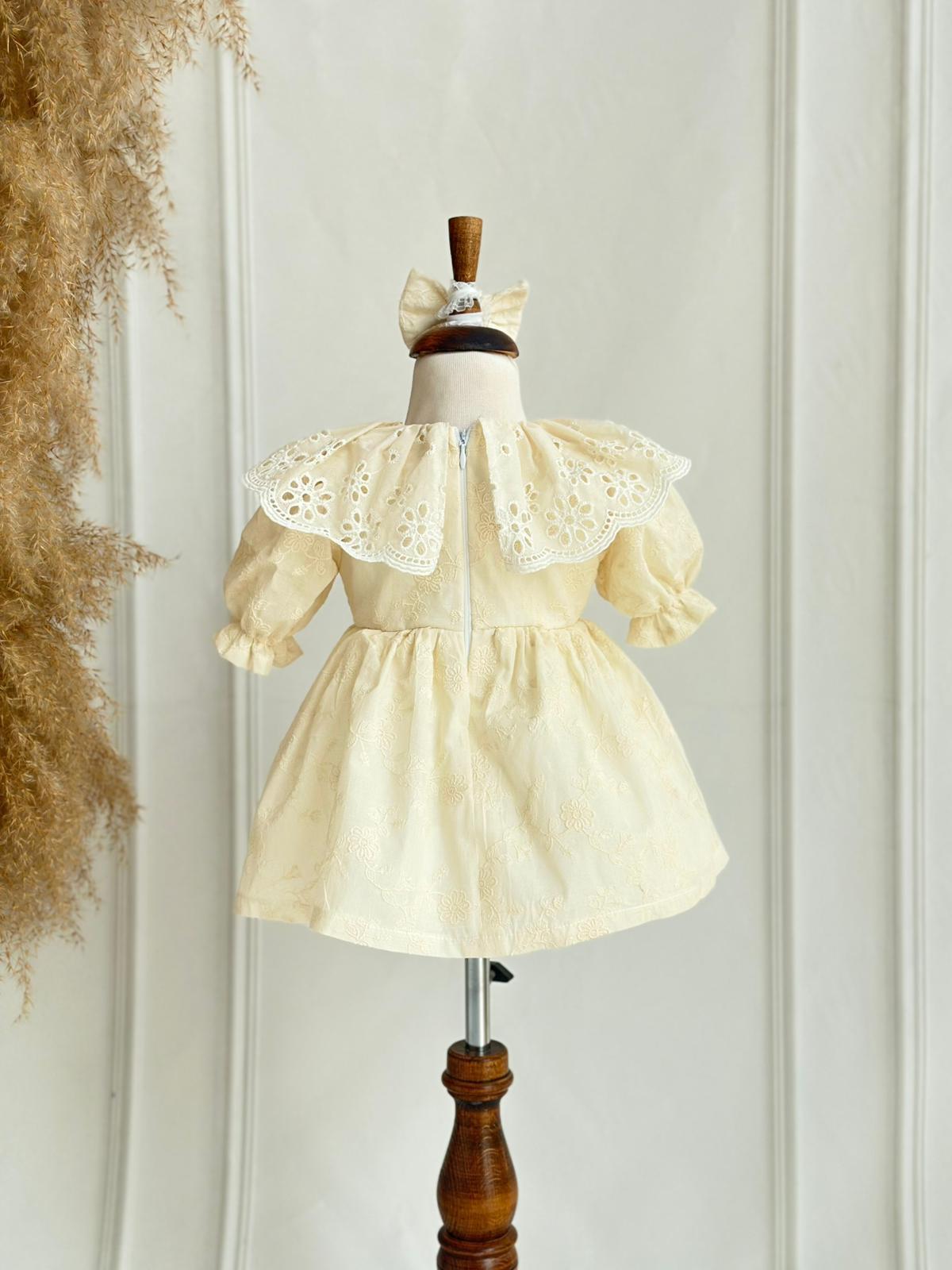 Baby Cream Embroidered Fabric Dress Set with Eyelet Collar