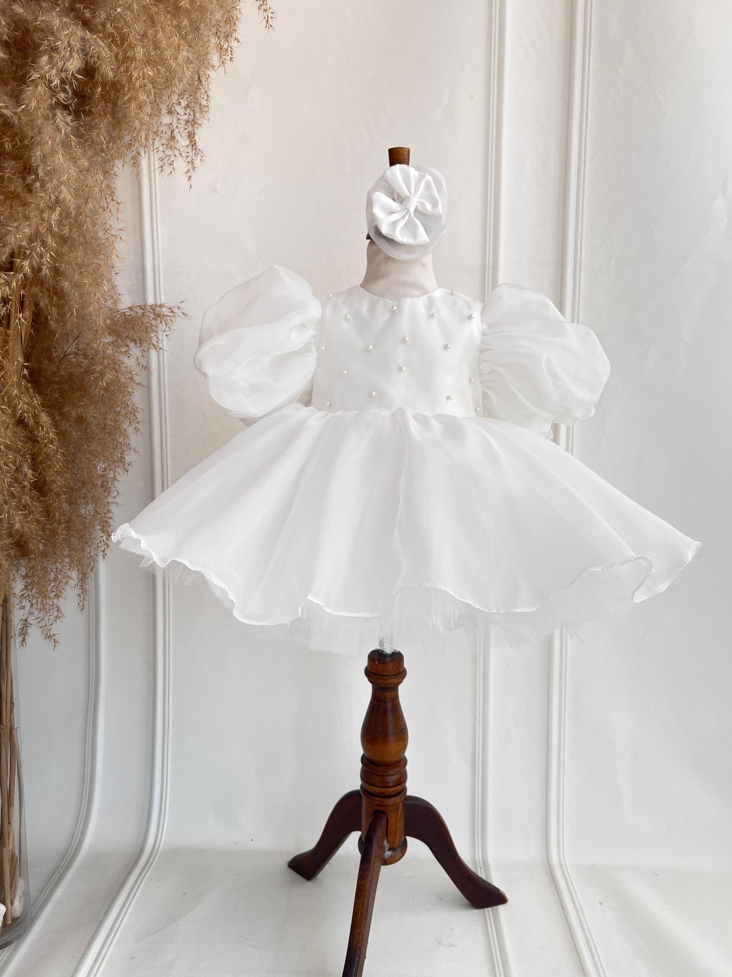 White Pearl Balloon Sleeve Organza Dress