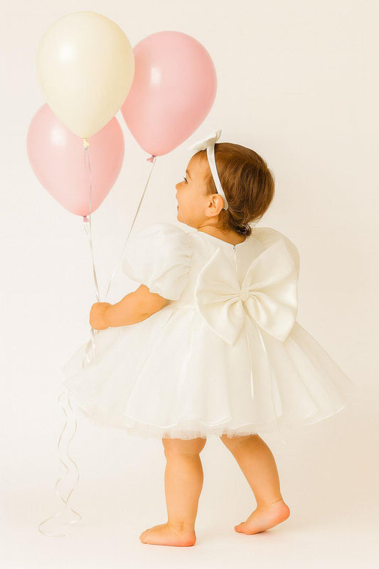 White Pearl Balloon Sleeve Organza Dress