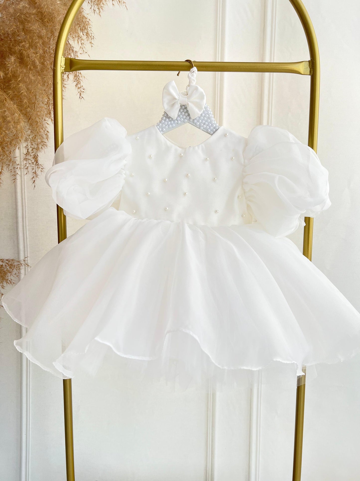White Pearl Balloon Sleeve Organza Dress