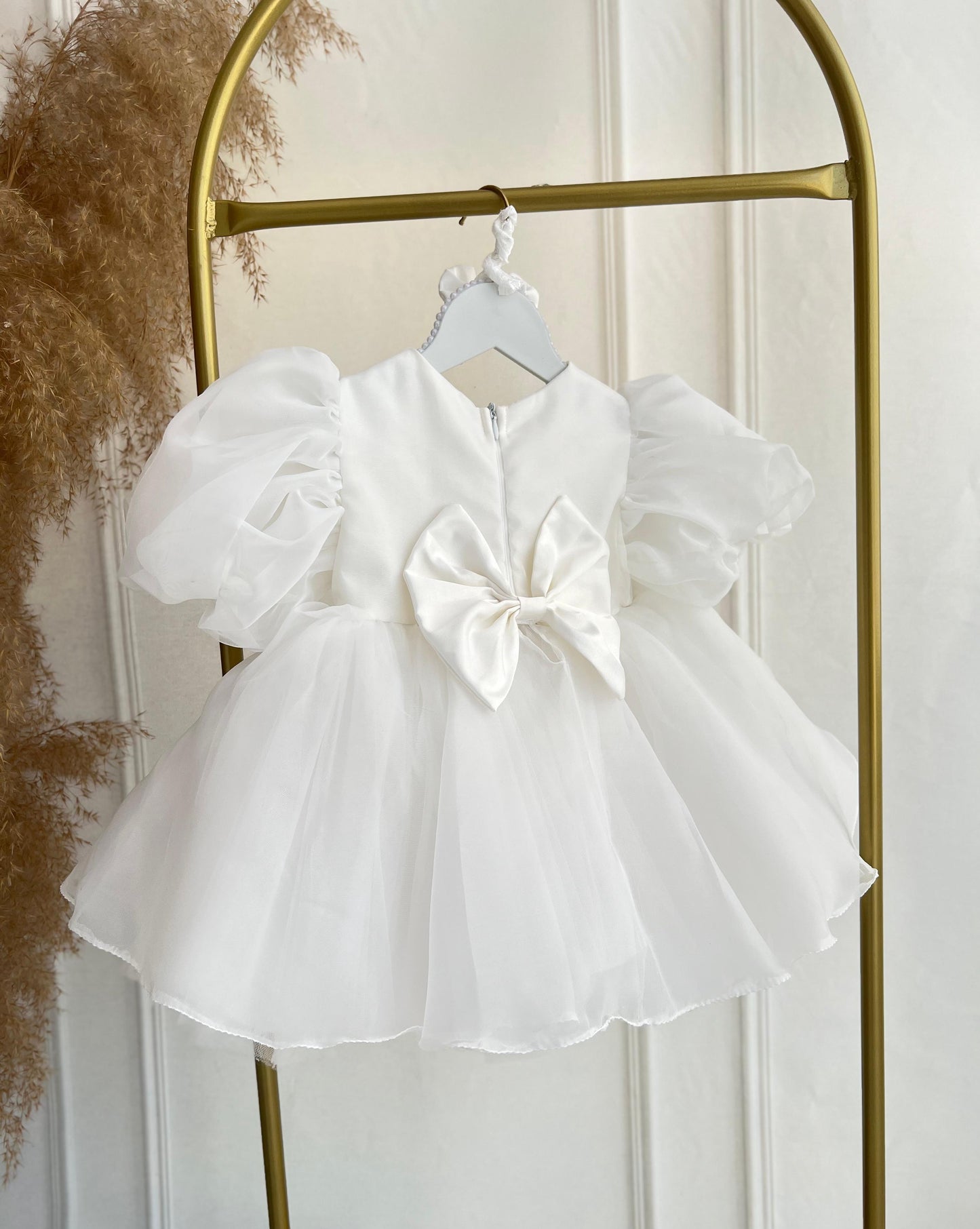 White Pearl Balloon Sleeve Organza Dress