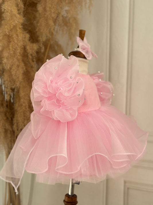 Pink Organza Girls’ Dress with Stone Details – Embossed Sleeve Design and Tulle Skirt