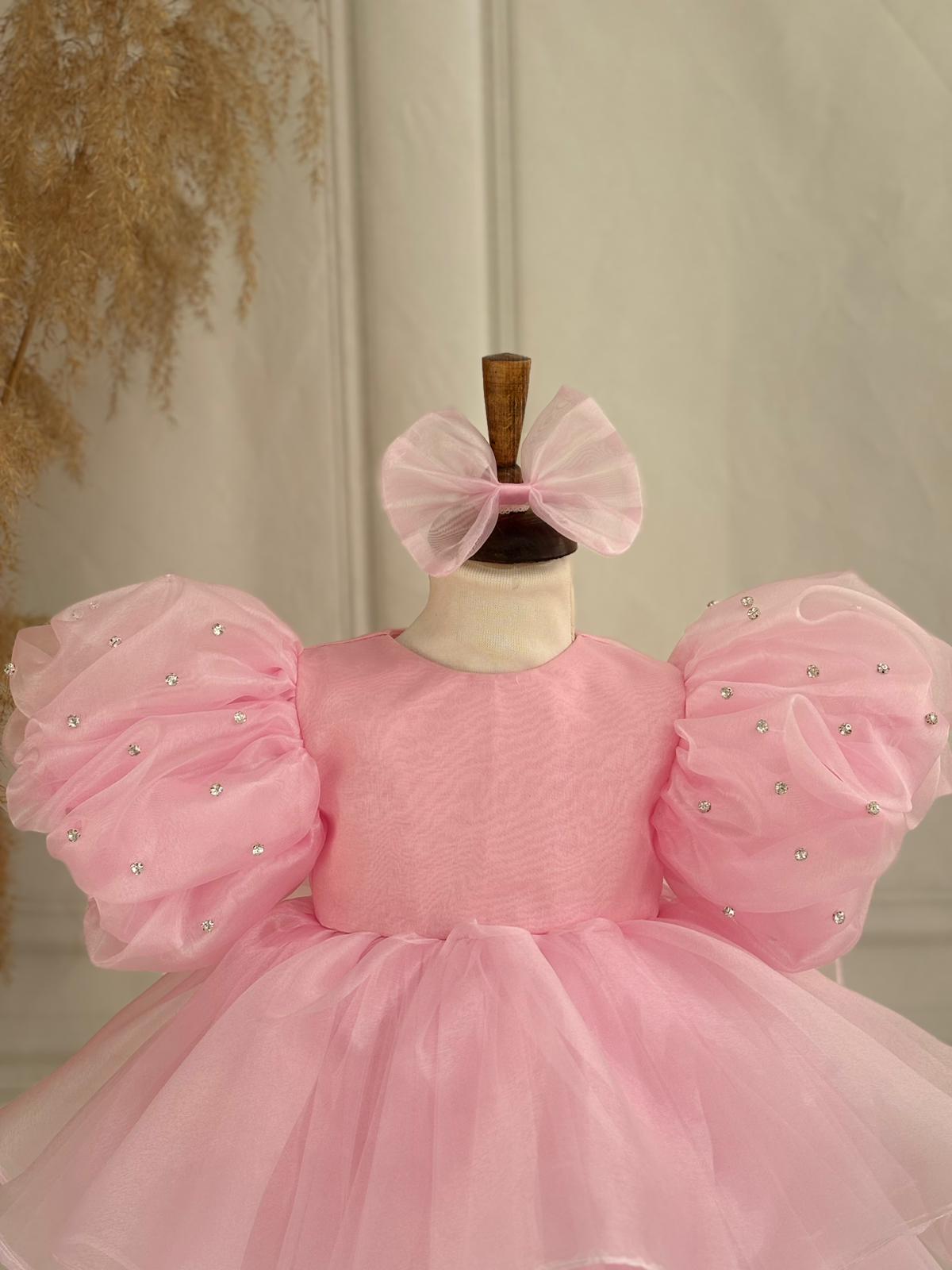 Pink Organza Girls’ Dress with Stone Details – Embossed Sleeve Design and Tulle Skirt