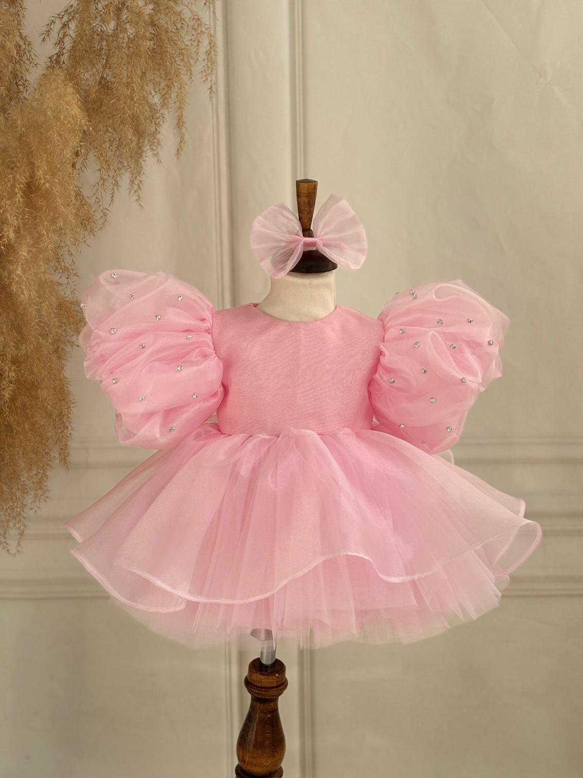 Pink Organza Girls’ Dress with Stone Details – Embossed Sleeve Design and Tulle Skirt