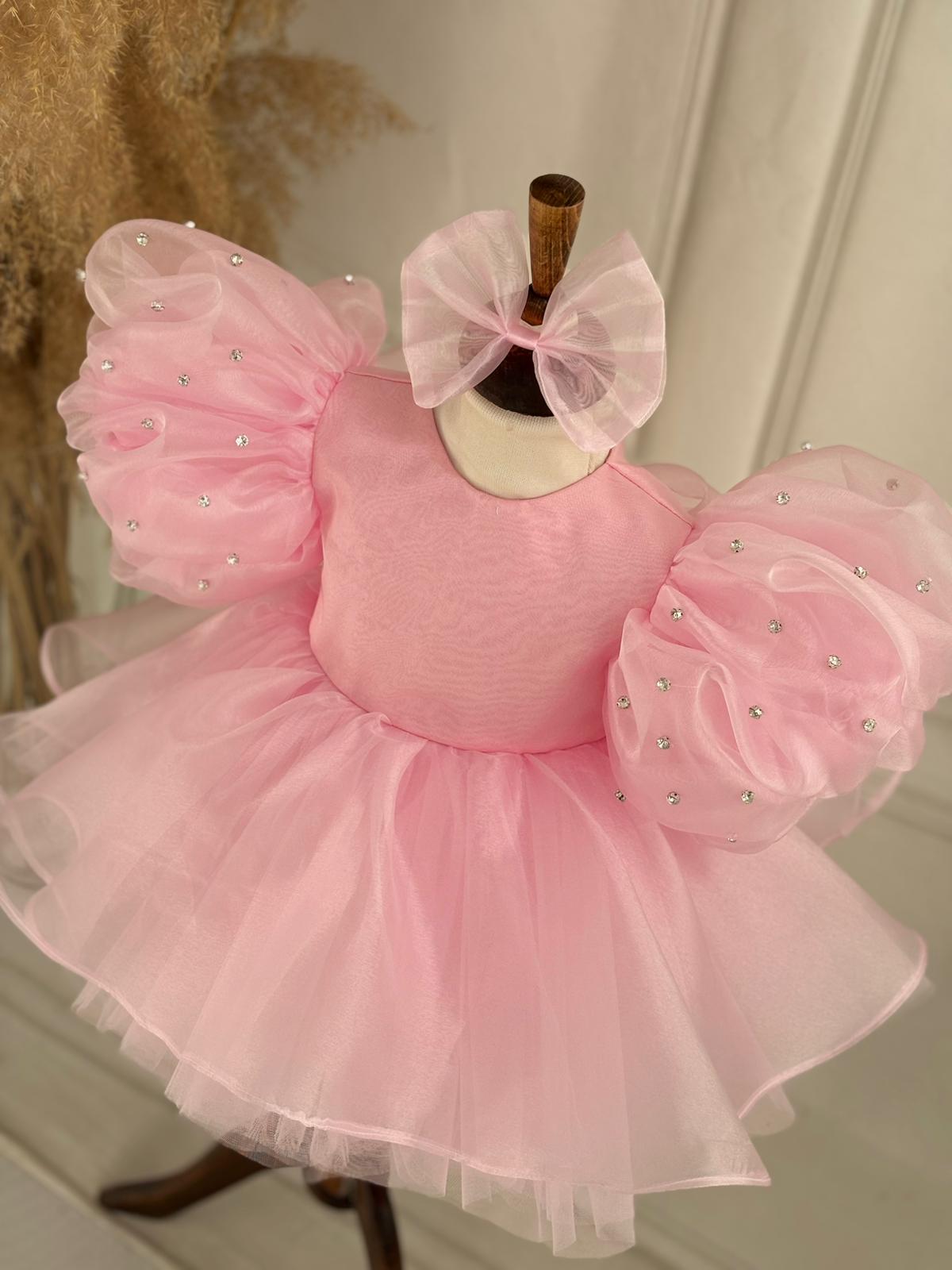 Pink Organza Girls’ Dress with Stone Details – Embossed Sleeve Design and Tulle Skirt