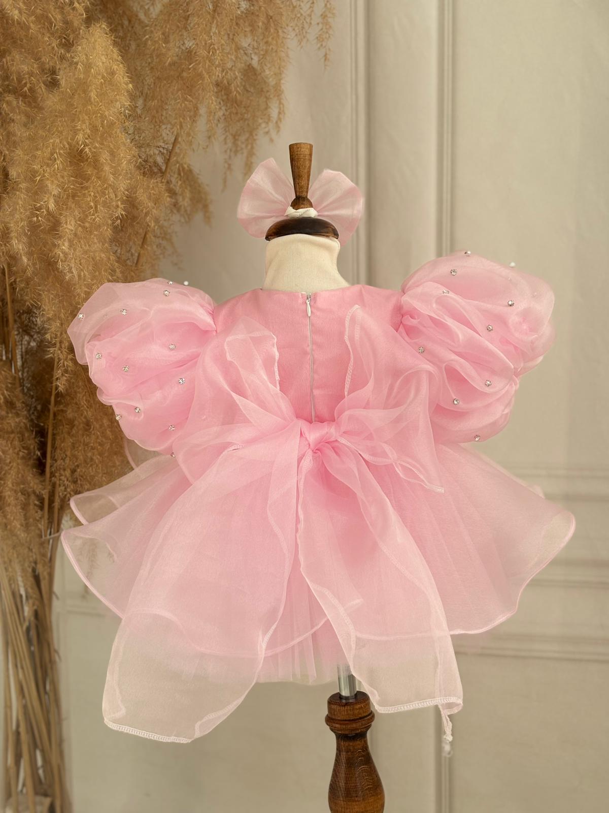 Pink Organza Girls’ Dress with Stone Details – Embossed Sleeve Design and Tulle Skirt