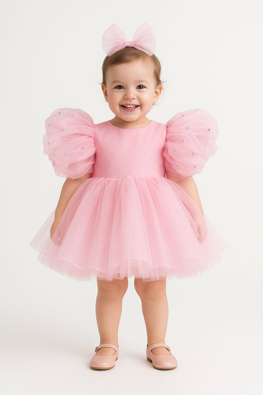 Pink Organza Girls’ Dress with Stone Details – Embossed Sleeve Design and Tulle Skirt