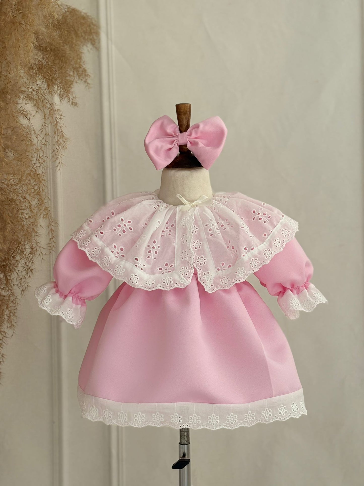 Pink Lace Embroidered Party Dress for Girls – Puff Sleeves & Bow Detail