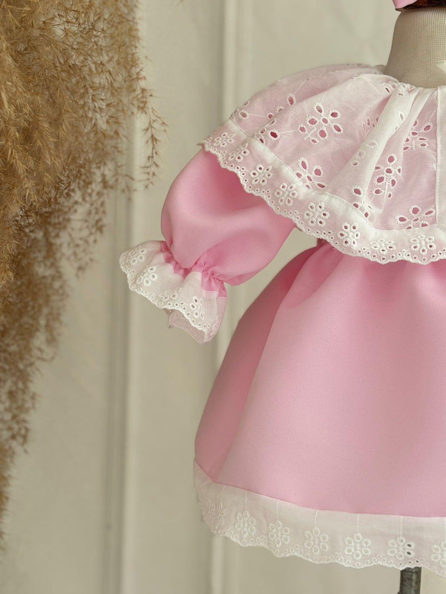 Pink Lace Embroidered Party Dress for Girls – Puff Sleeves & Bow Detail