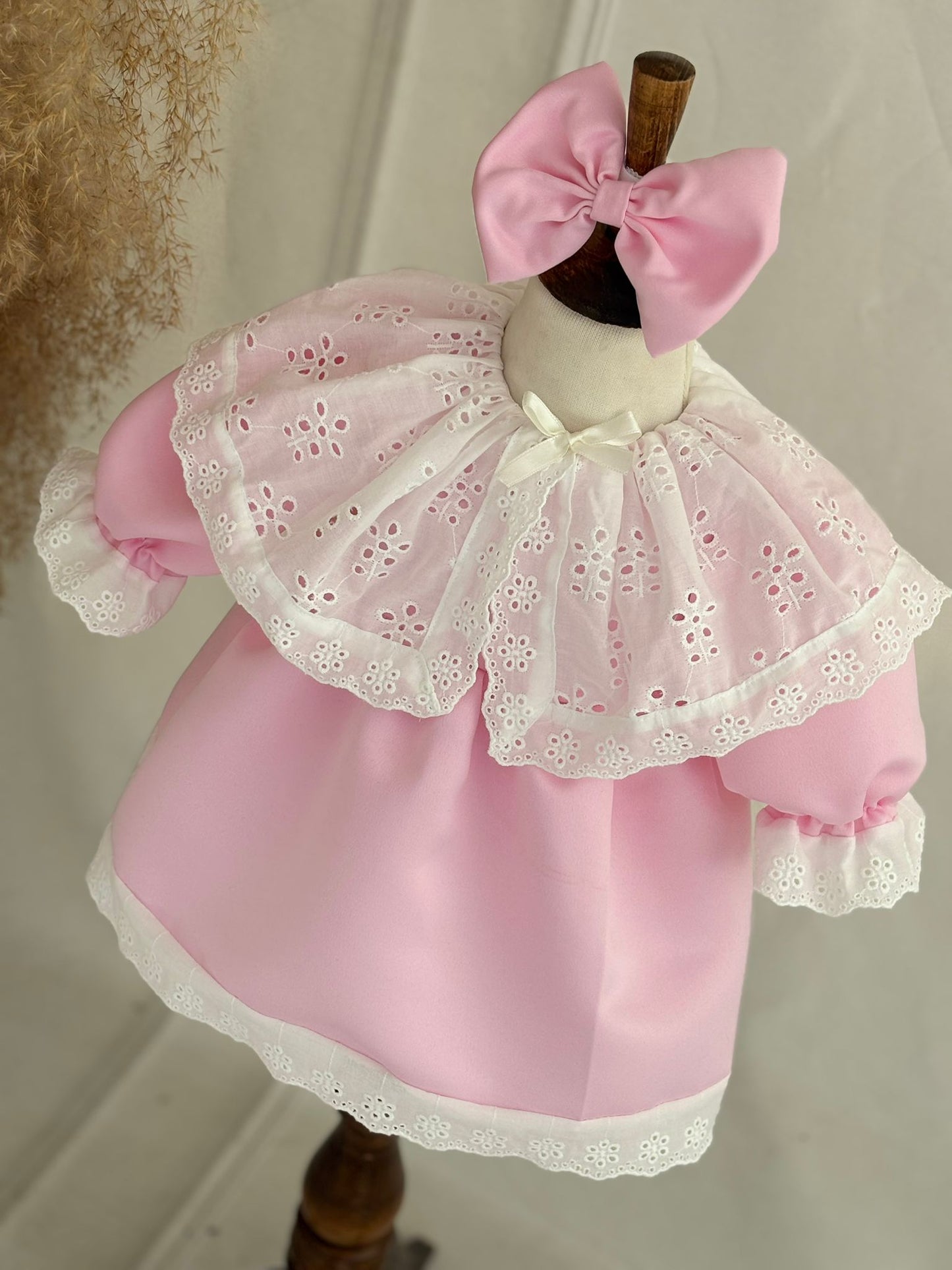 Pink Lace Embroidered Party Dress for Girls – Puff Sleeves & Bow Detail