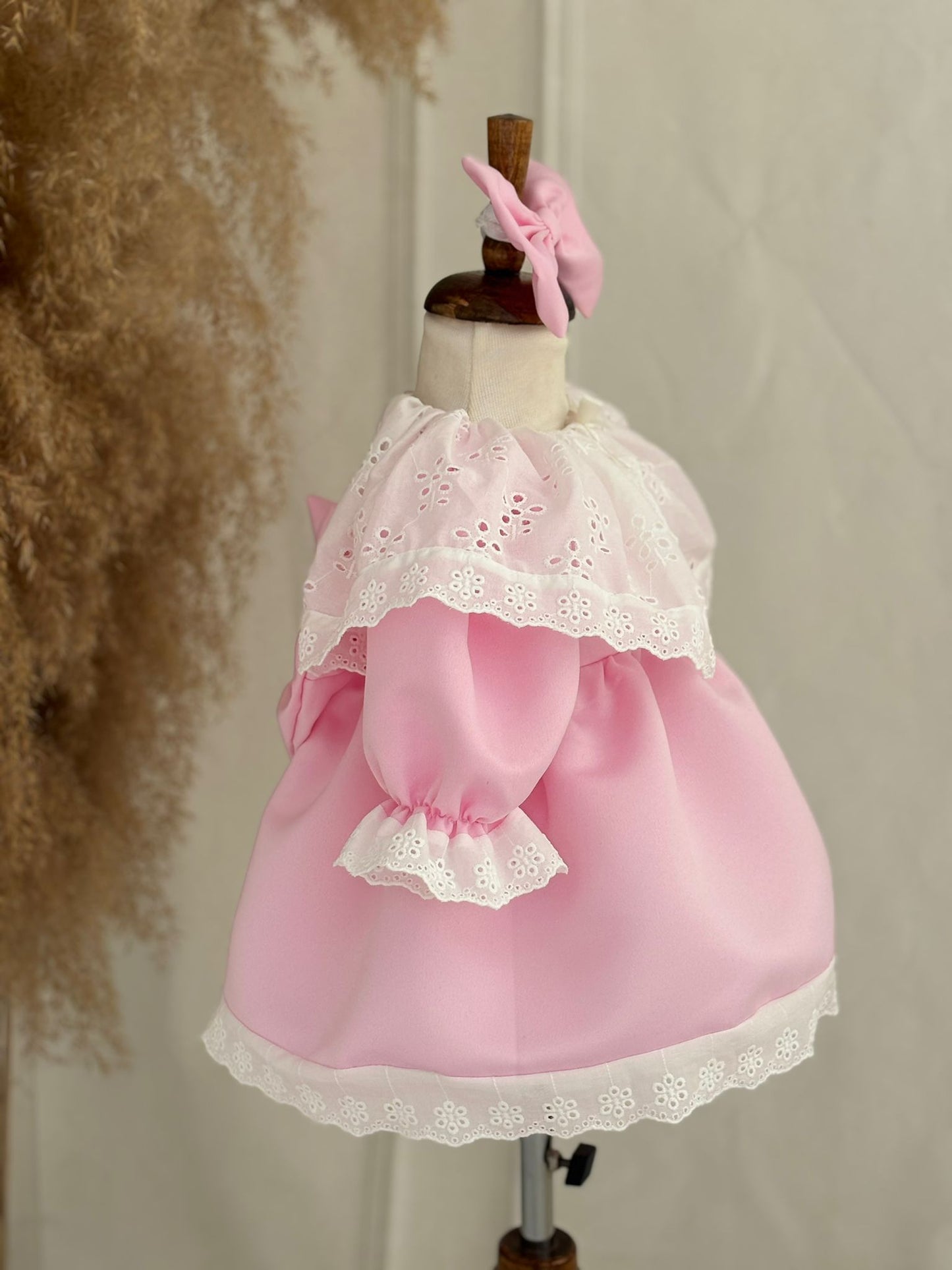 Pink Lace Embroidered Party Dress for Girls – Puff Sleeves & Bow Detail