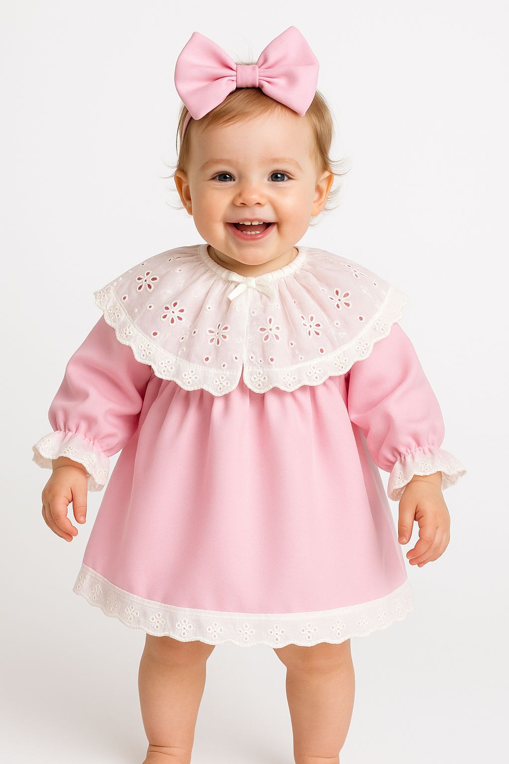 Pink Lace Embroidered Party Dress for Girls – Puff Sleeves & Bow Detail