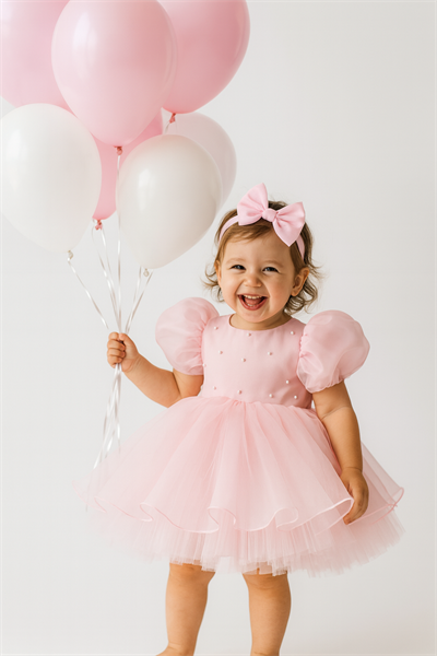 Pearl Balloon Sleeve Tulle Party Dress - Pink