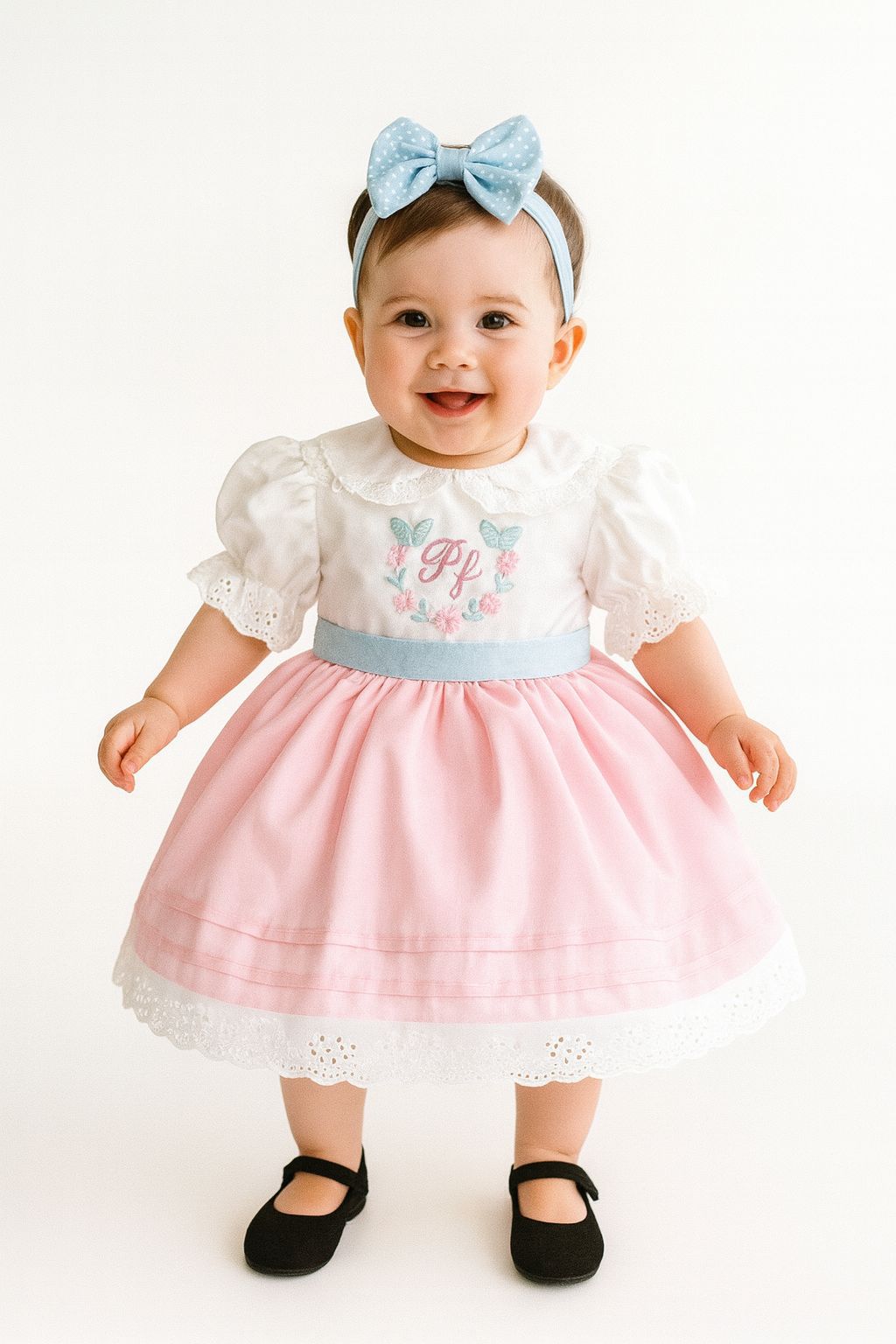 Personalized Pink and White Baby Girl Dress with Embroidery – Vintage Style Birthday & Special Occasion Outfit