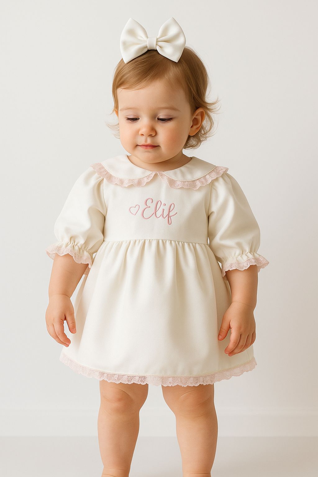 Personalized Baby Dress with Name Embroidery – Elegant White & Pink Lace Dress for Girls