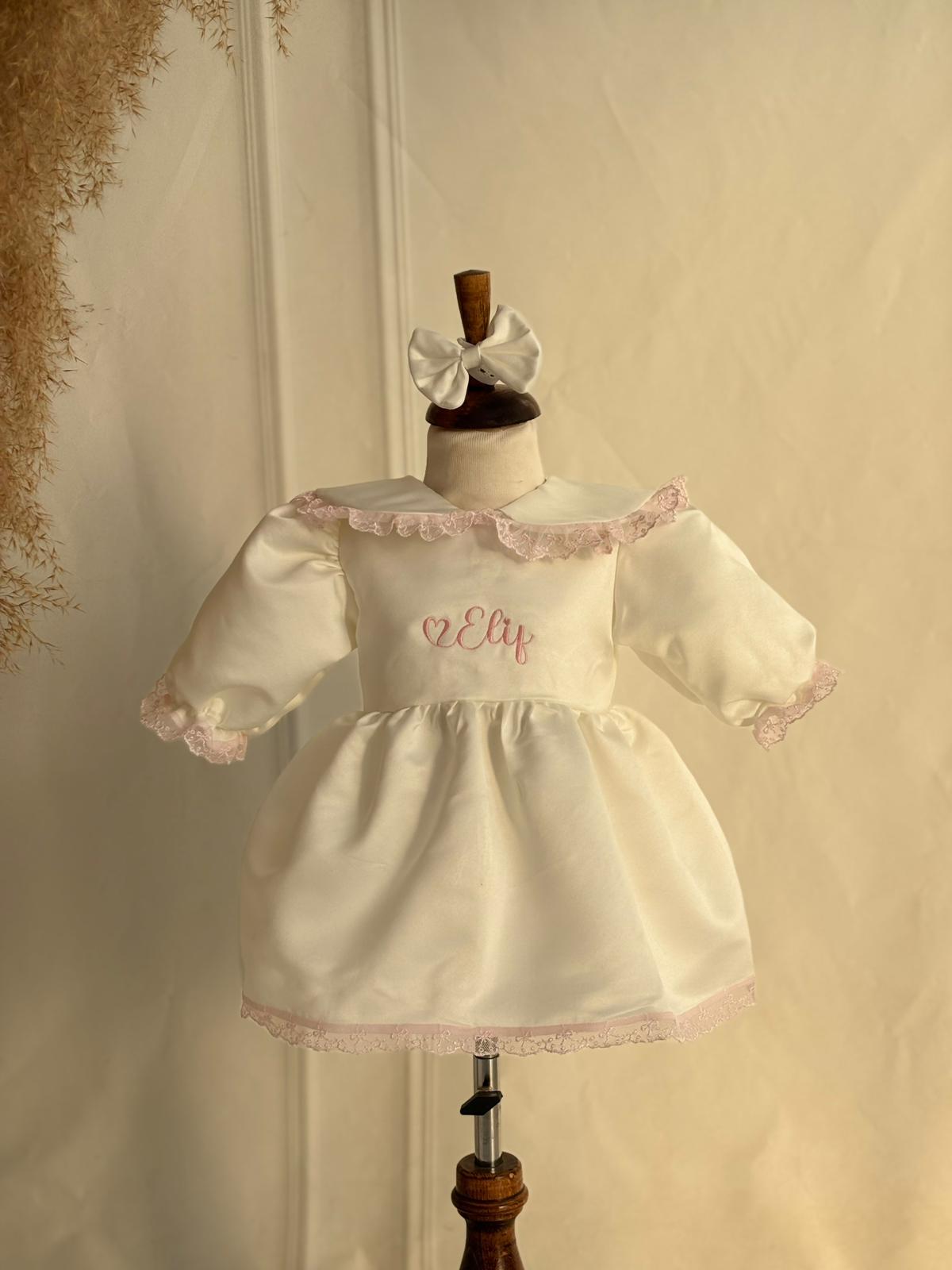Personalized Baby Dress with Name Embroidery – Elegant White & Pink Lace Dress for Girls