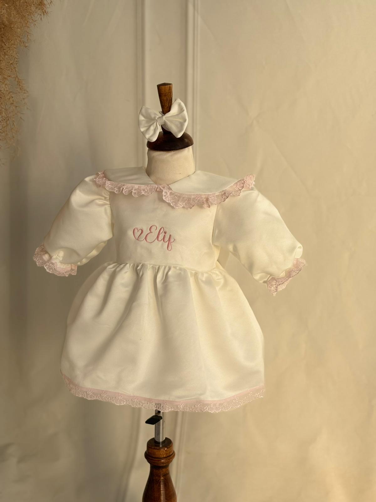 Personalized Baby Dress with Name Embroidery – Elegant White & Pink Lace Dress for Girls