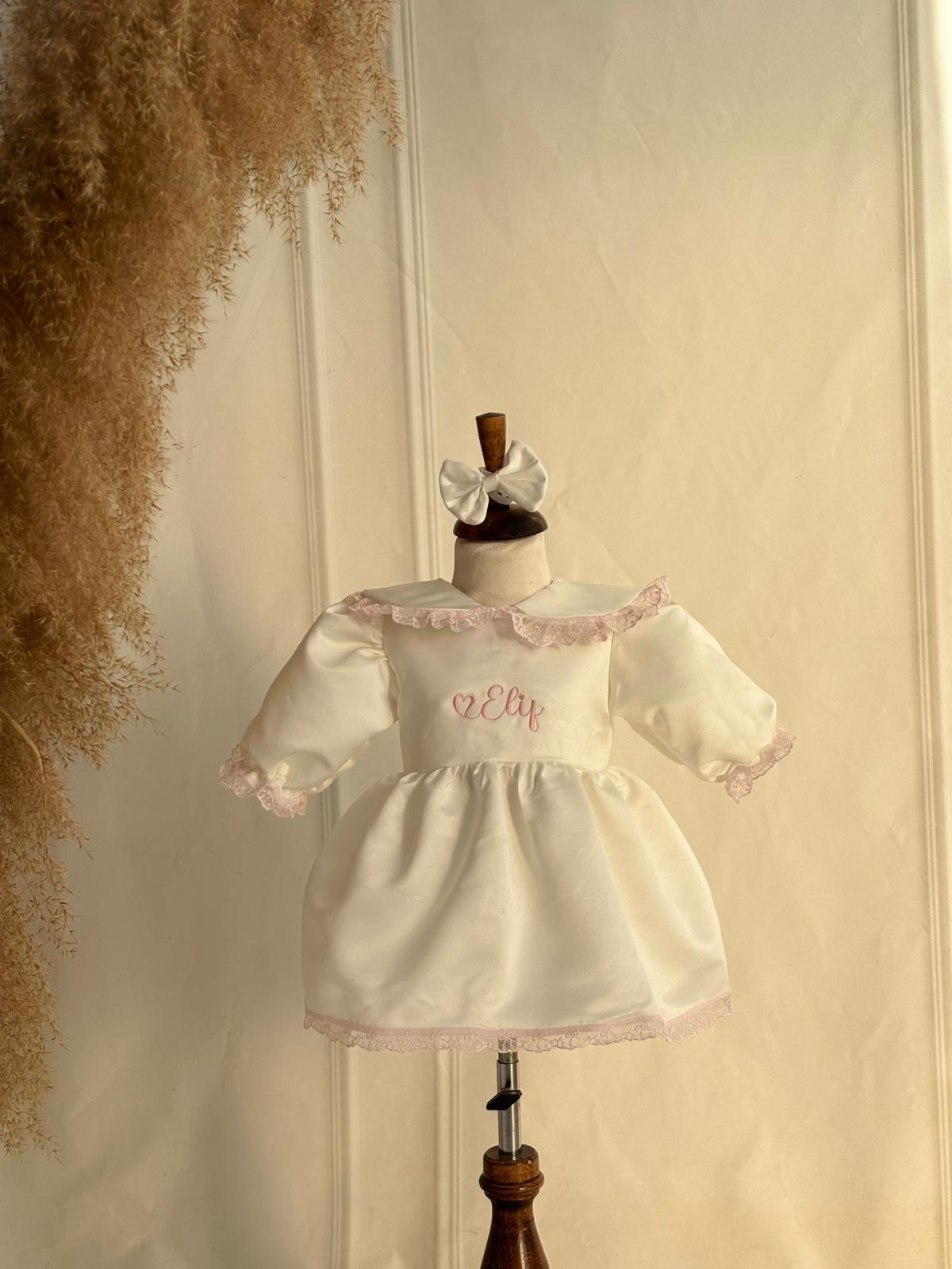 Personalized Baby Dress with Name Embroidery – Elegant White & Pink Lace Dress for Girls