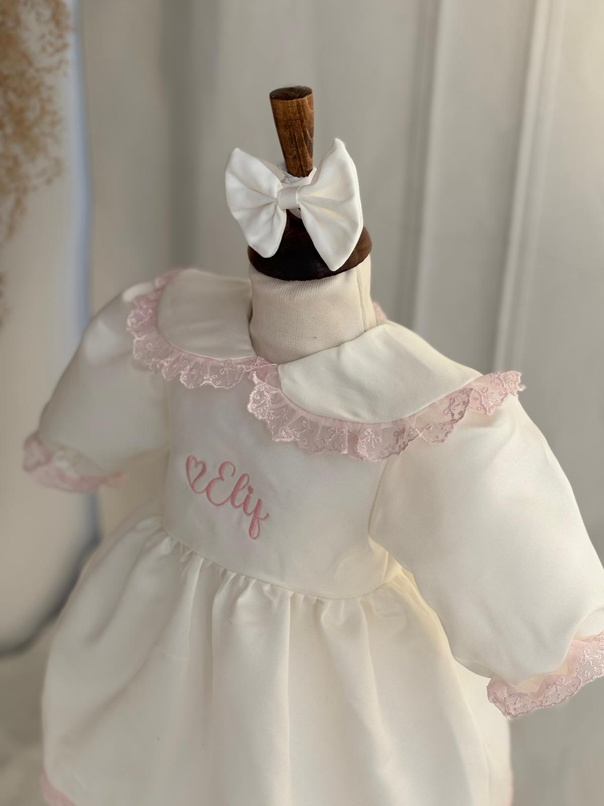 Personalized Baby Dress with Name Embroidery – Elegant White & Pink Lace Dress for Girls