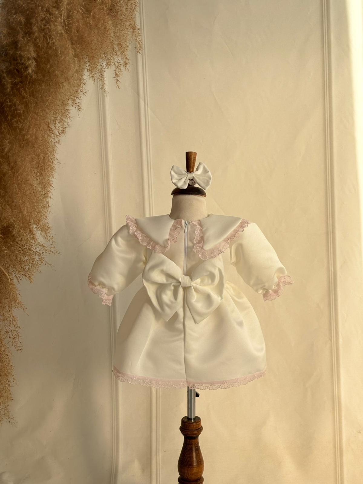 Personalized Baby Dress with Name Embroidery – Elegant White & Pink Lace Dress for Girls
