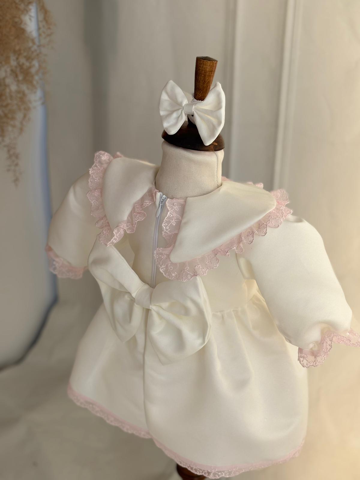 Personalized Baby Dress with Name Embroidery – Elegant White & Pink Lace Dress for Girls