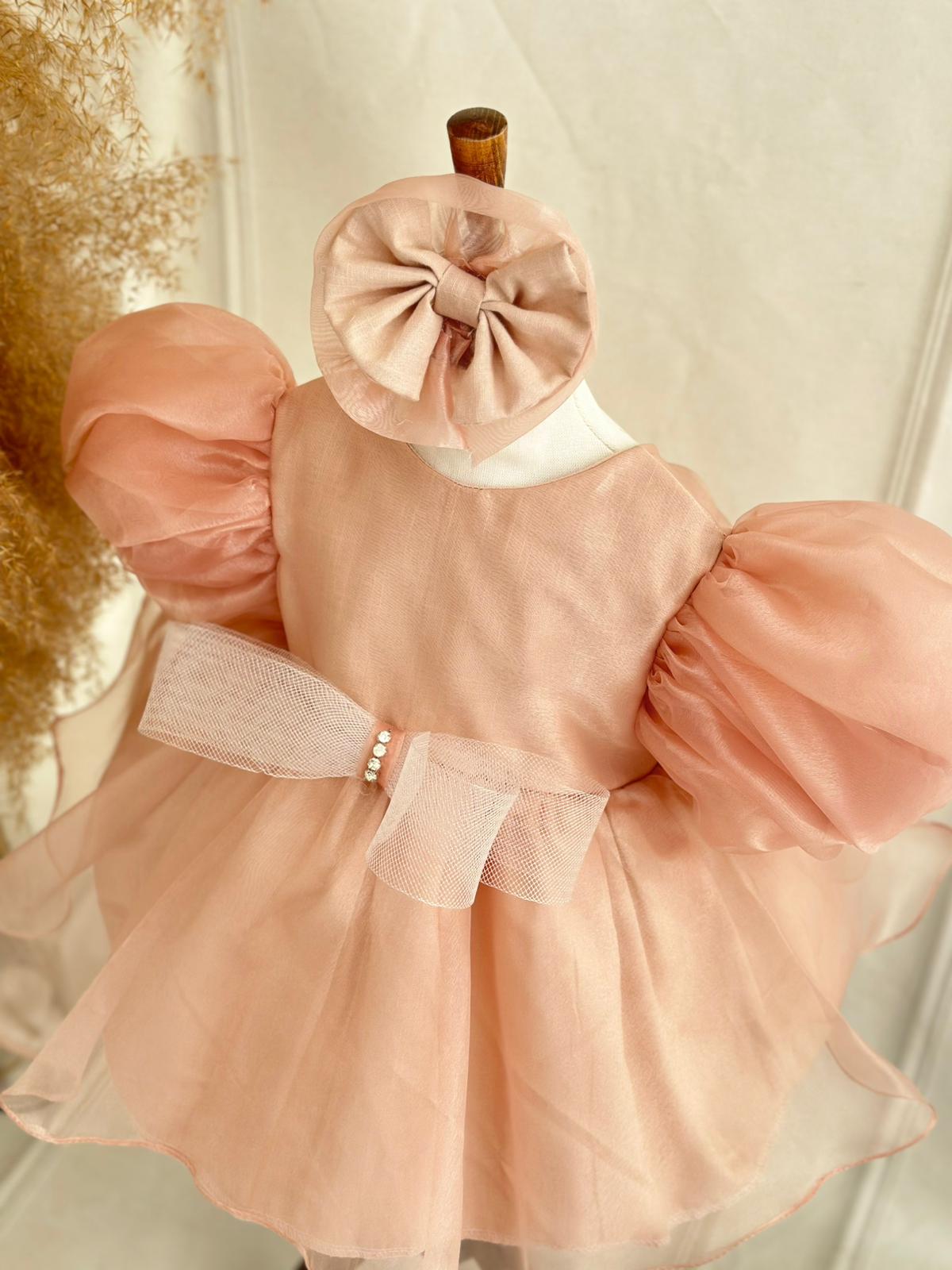 Blush Pink Organza Birthday Dress for Baby & Toddler Girls | Puffy Sleeve Special Occasion Outfit