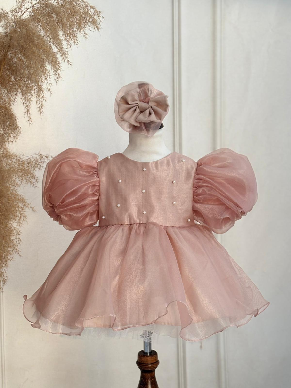 Blush Pink Organza Special Occasion Dress for Baby & Toddler Girls | Pearl Detail