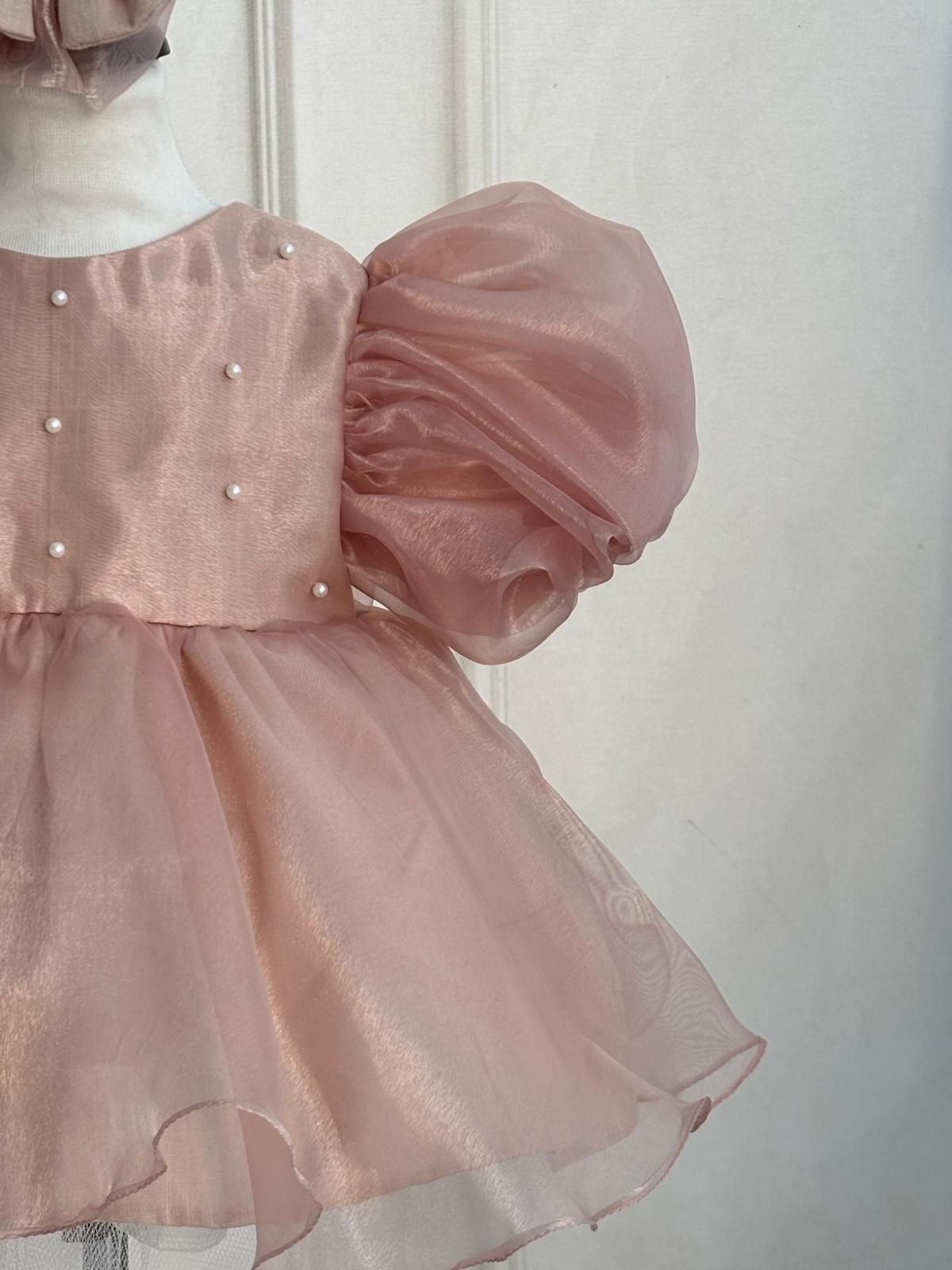 Blush Pink Organza Special Occasion Dress for Baby & Toddler Girls | Pearl Detail