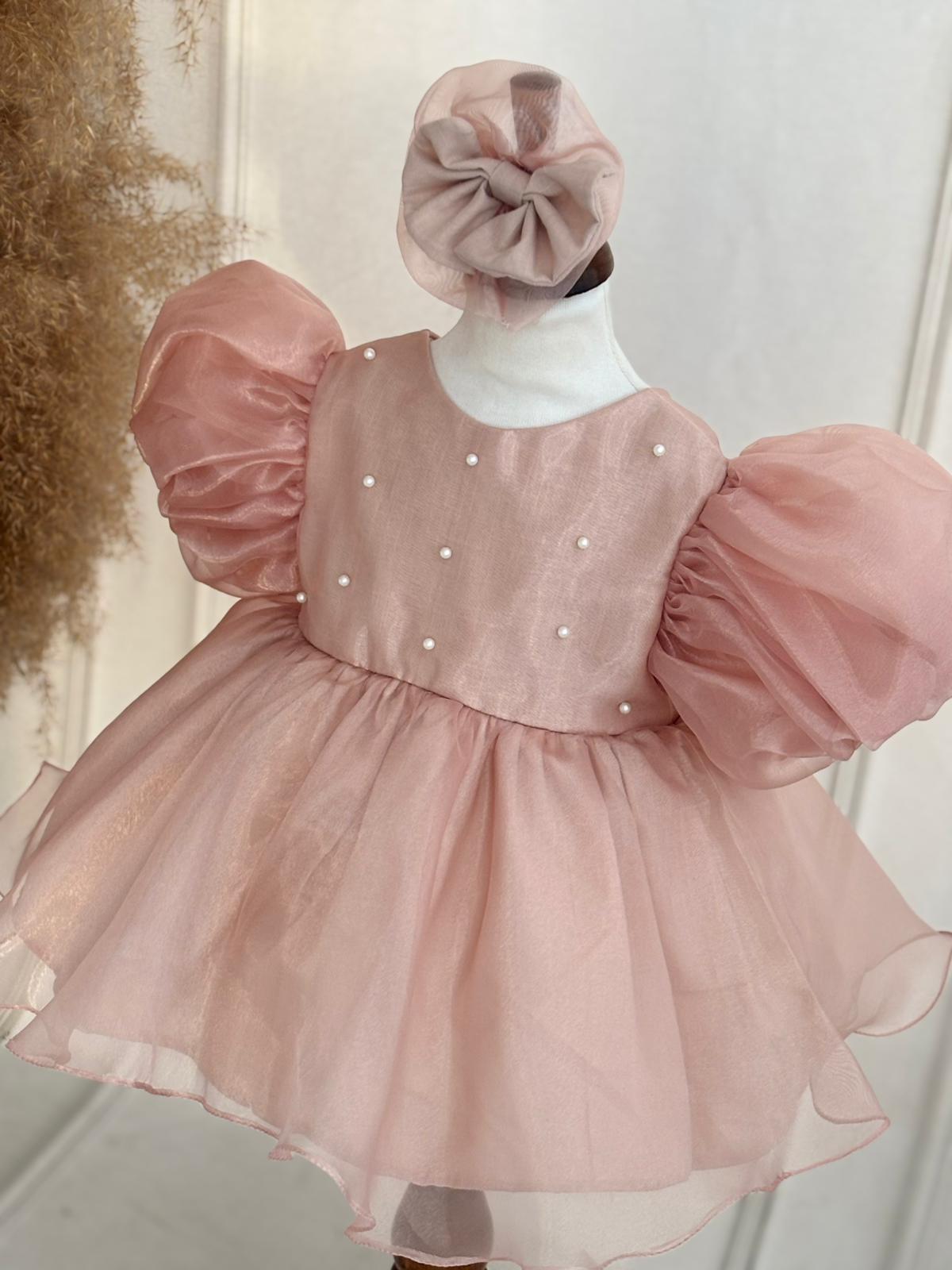 Blush Pink Organza Special Occasion Dress for Baby & Toddler Girls | Pearl Detail