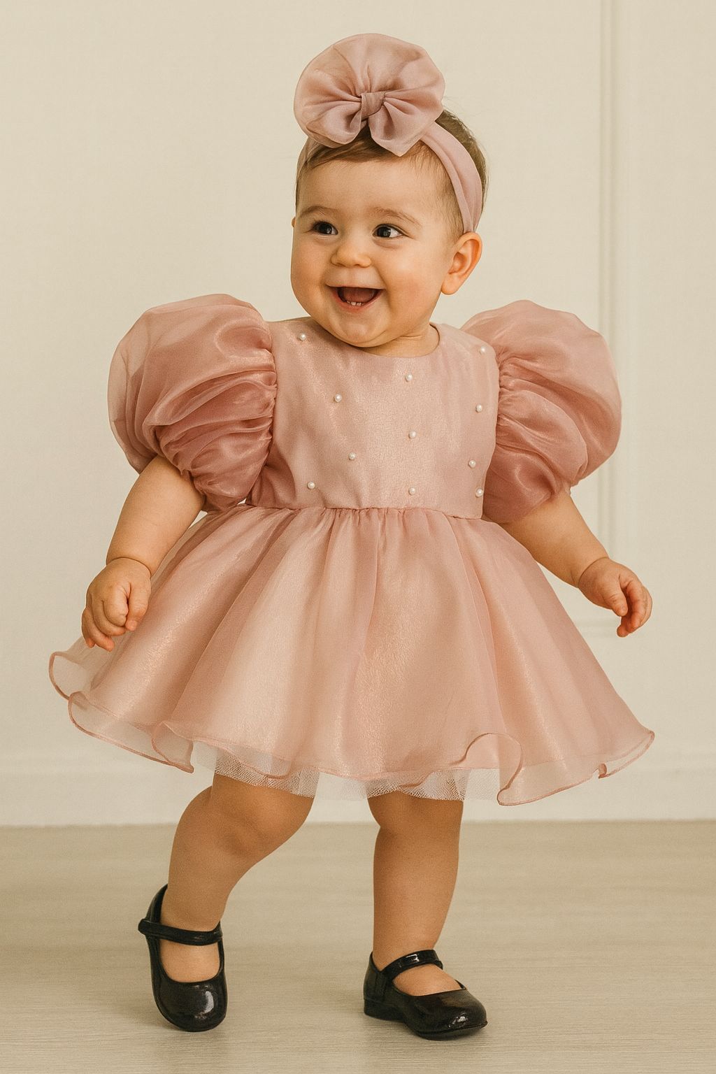 Blush Pink Organza Special Occasion Dress for Baby & Toddler Girls | Pearl Detail