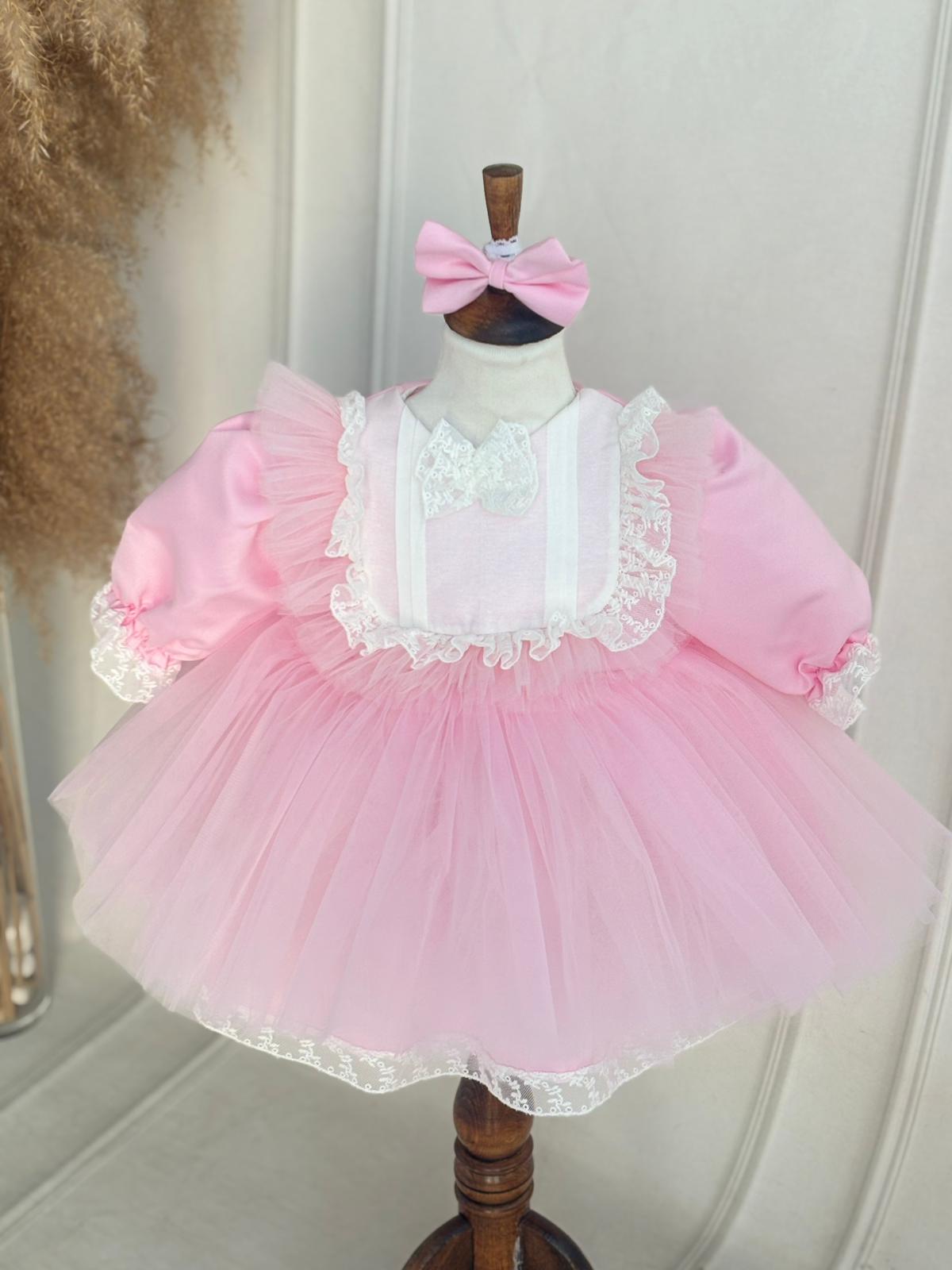 Personalized Pink Baby Tulle Dress with Lace and Bow | Elegant Princess Birthday Outfit