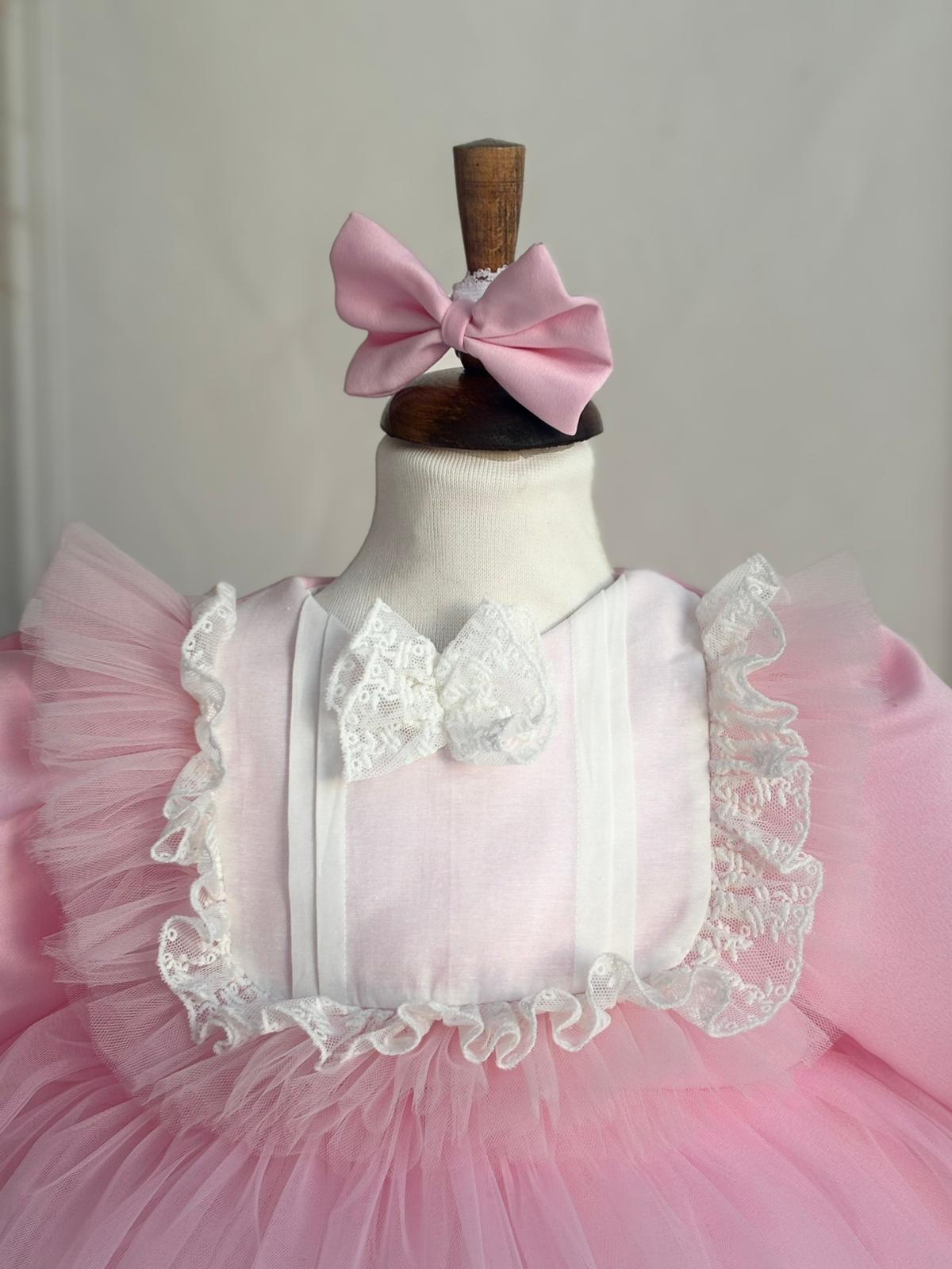 Personalized Pink Baby Tulle Dress with Lace and Bow | Elegant Princess Birthday Outfit