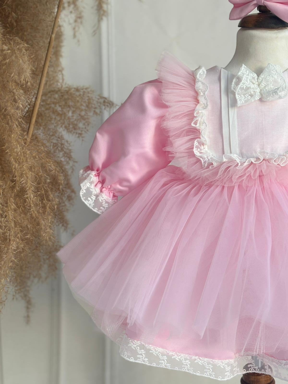 Personalized Pink Baby Tulle Dress with Lace and Bow | Elegant Princess Birthday Outfit
