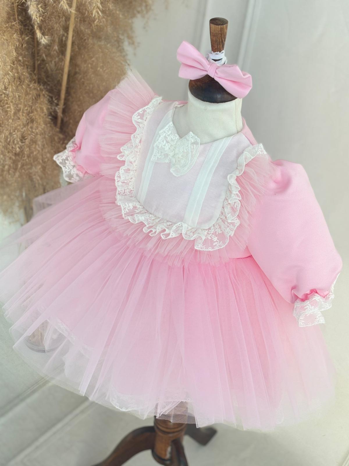 Personalized Pink Baby Tulle Dress with Lace and Bow | Elegant Princess Birthday Outfit
