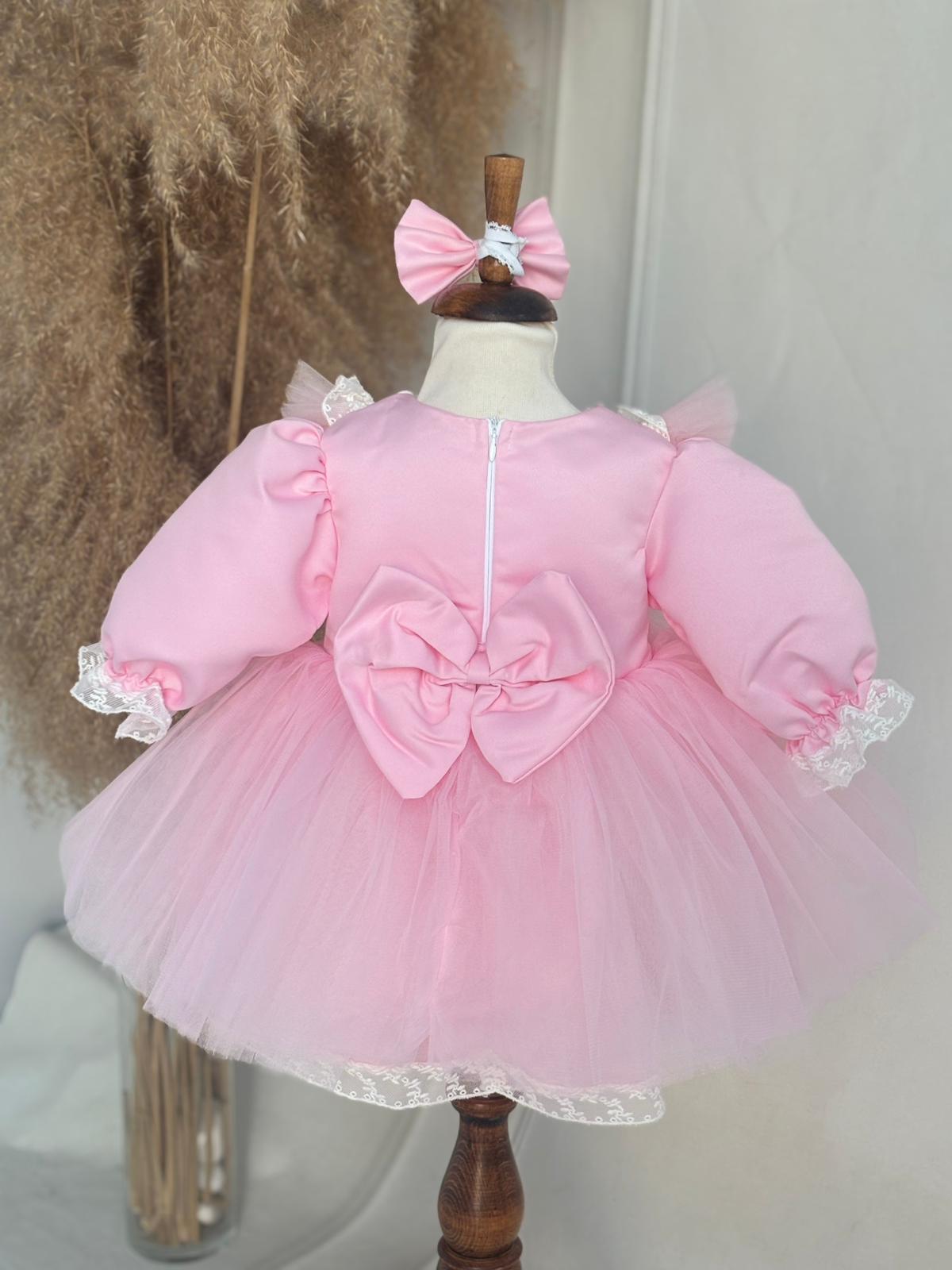 Personalized Pink Baby Tulle Dress with Lace and Bow | Elegant Princess Birthday Outfit