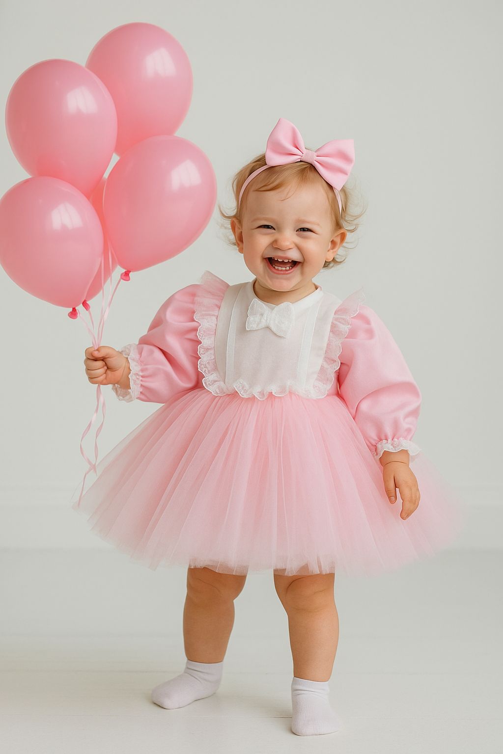 Personalized Pink Baby Tulle Dress with Lace and Bow | Elegant Princess Birthday Outfit