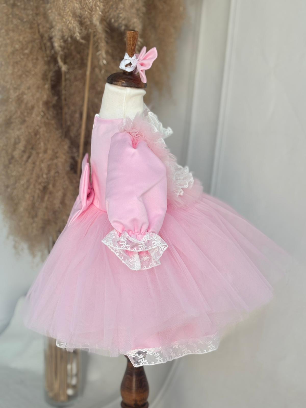 Personalized Pink Baby Tulle Dress with Lace and Bow | Elegant Princess Birthday Outfit