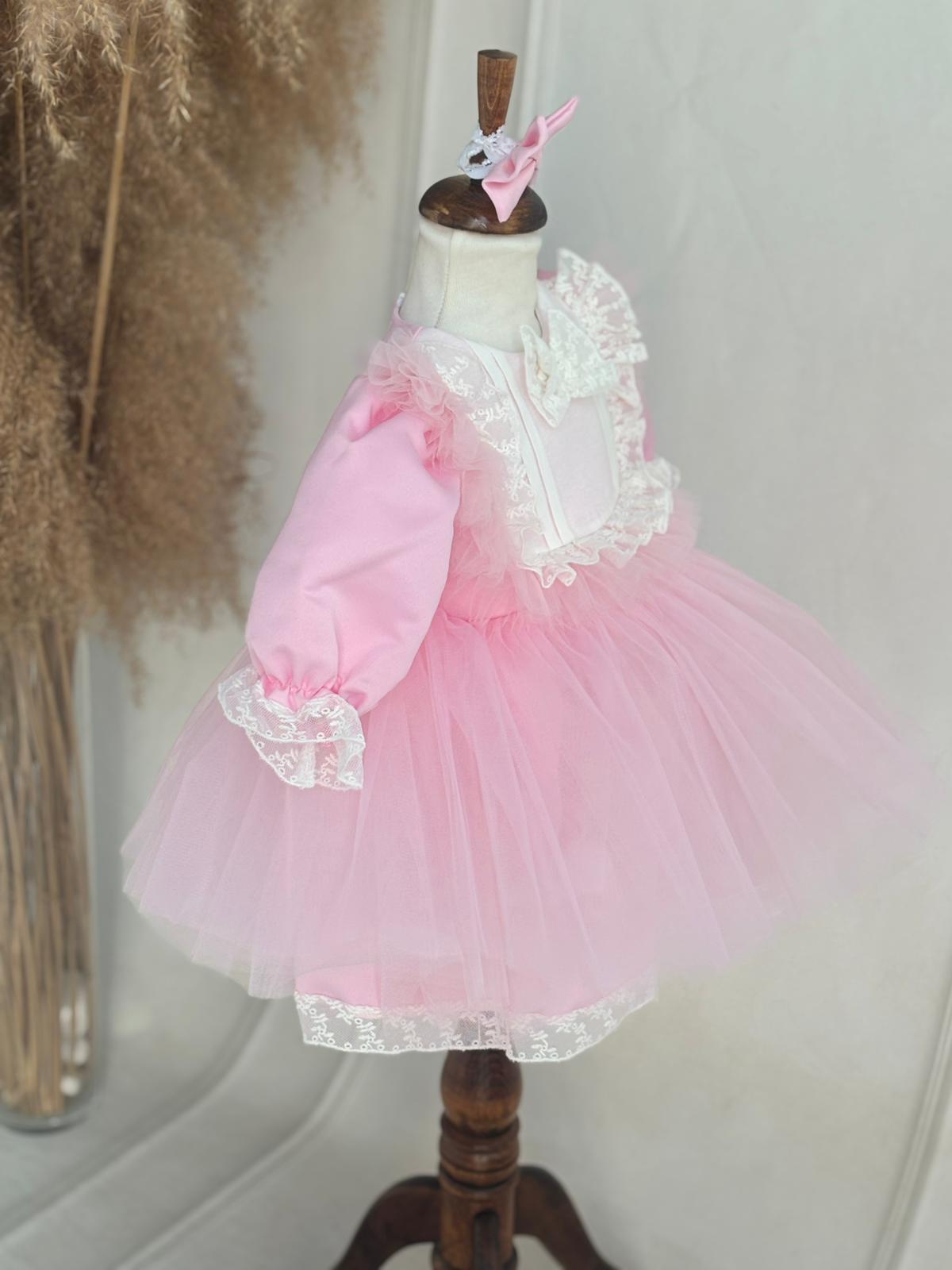 Personalized Pink Baby Tulle Dress with Lace and Bow | Elegant Princess Birthday Outfit