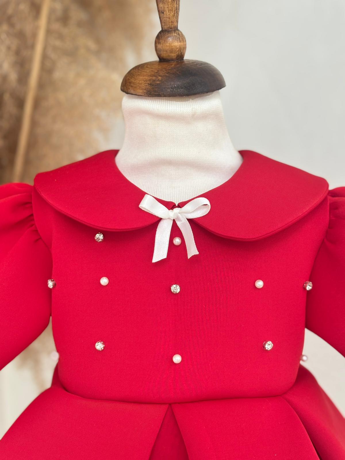 Red Scuba Fabric Girl’s Dress with Pearl and Gem Details