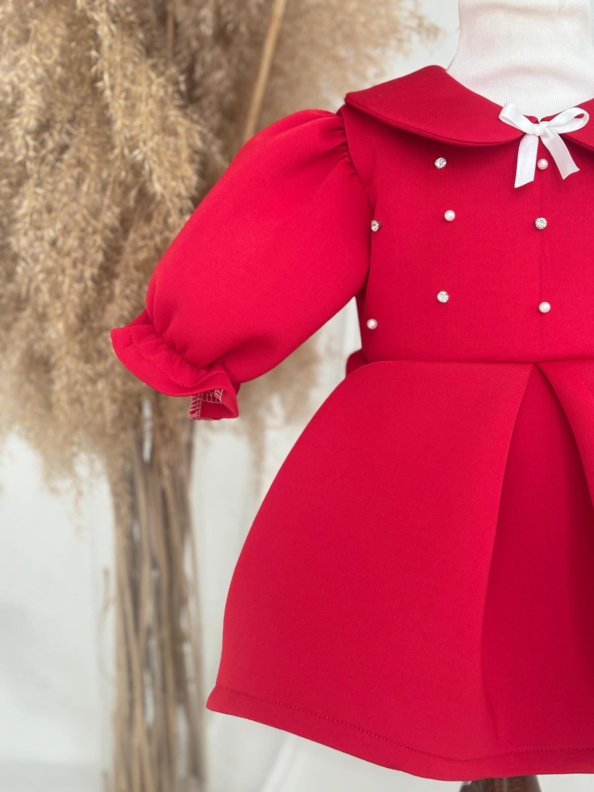 Red Scuba Fabric Girl’s Dress with Pearl and Gem Details