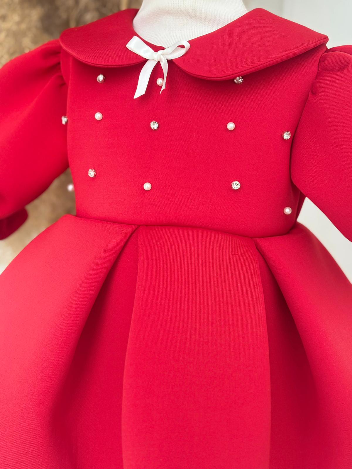 Red Scuba Fabric Girl’s Dress with Pearl and Gem Details